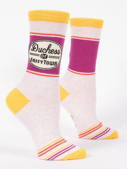 Woman's novelty fun crew sock with legend: "Duchess of Sassytown"
