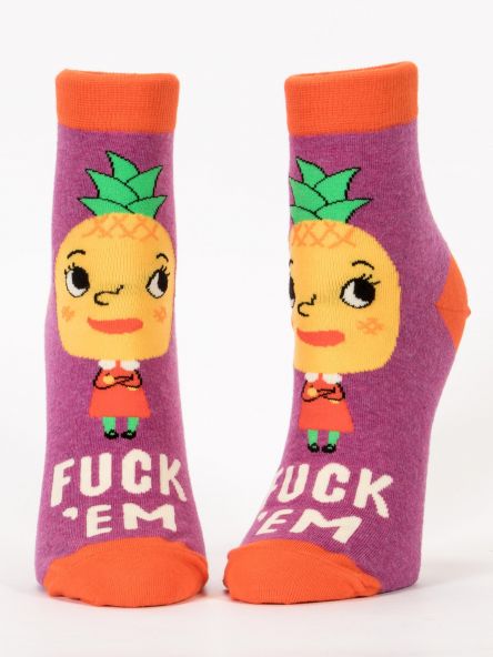 Woman's novelty fun ankle sock with legend: "Fuck 'Em"
