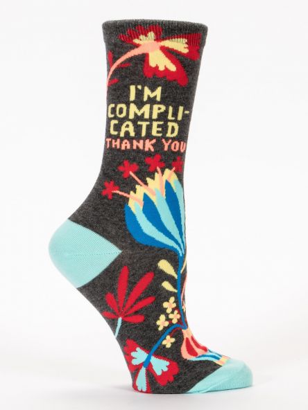 Woman's novelty fun crew sock with legend: "I'm Complicated"