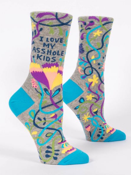 Woman's novelty fun crew sock with legend: "I Love My Asshole Kids"