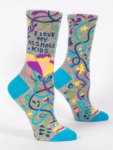 Woman's novelty fun crew sock with legend: "I Love My Asshole Kids"