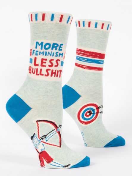 Woman's novelty fun crew sock with legend: "More Feminism, Less Bullshit"