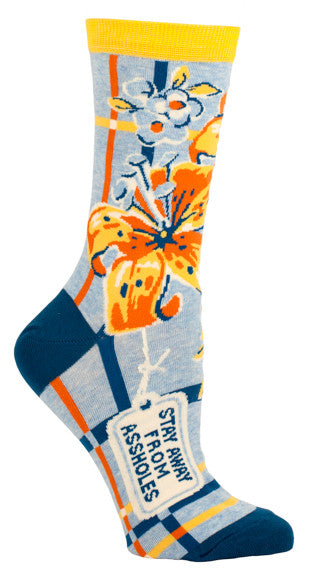 Woman's novelty fun crew sock with legend: "Stay Away From Assholes"