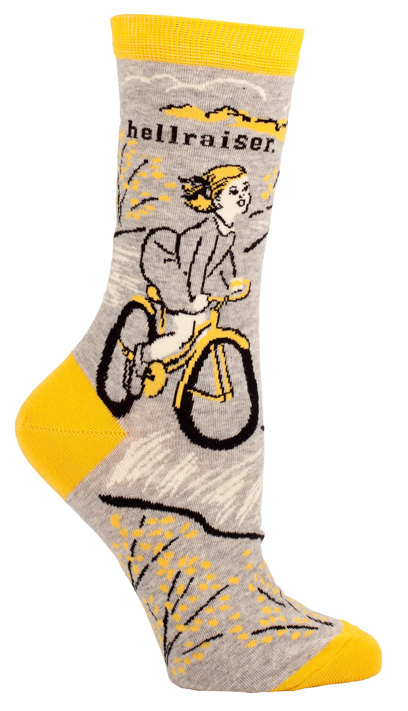 Woman's novelty fun crew sock with legend: "Hellraiser"