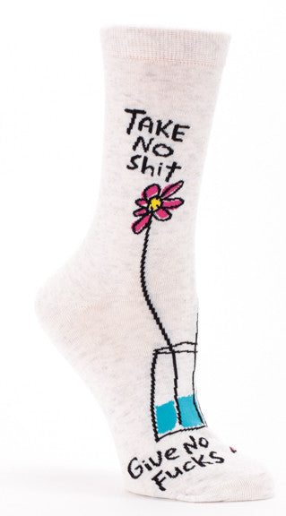 Woman's novelty fun crew sock with legend: "Take No Shit. Give No Fucks"