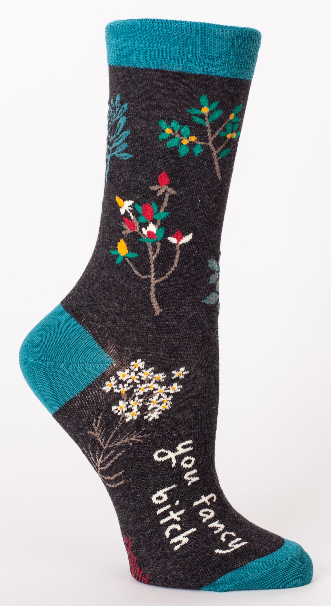Woman's novelty fun crew sock with legend: "You Fancy Bitch"
