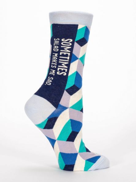 Woman's novelty fun crew sock with legend: "Sometimes Salad Makes Me Sad"