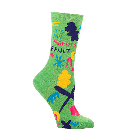 Woman's novelty crew sock with legend: "It's My Parents' Fault"
