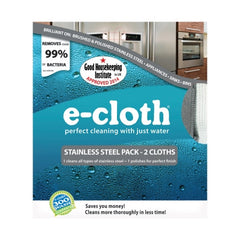 E-cloth Stainless Steel Cleaning pack with two microfiber cloths: one for cleaning and the other for polishing, just using water, no chemicals.