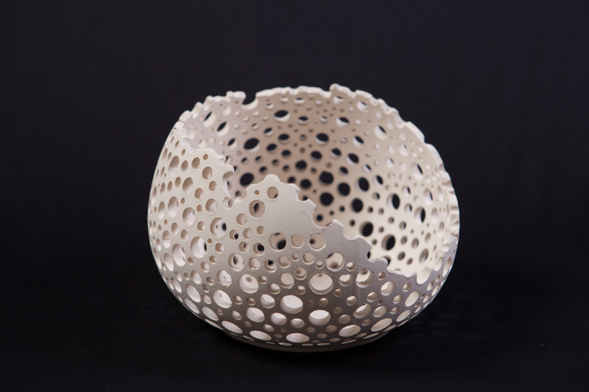 Medium-Size White Unglazed Ceramic "Living Edge" Bowl with Hole Pattern