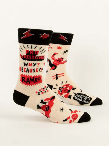 BlueQ Men's Crew Socks: Pro Wrestling: Why? Because!!! RAWR!!