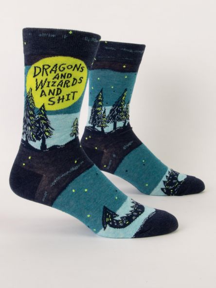 BlueQ Men's "Dragons and Wizards and Shit" Crew Socks