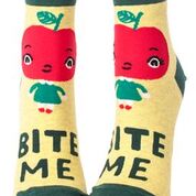 Woman's novelty fun ankle sock with legend: "Bite Me"