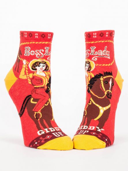 Woman's novelty fun ankle sock with legend: "Boss Lady-Giddy Up"