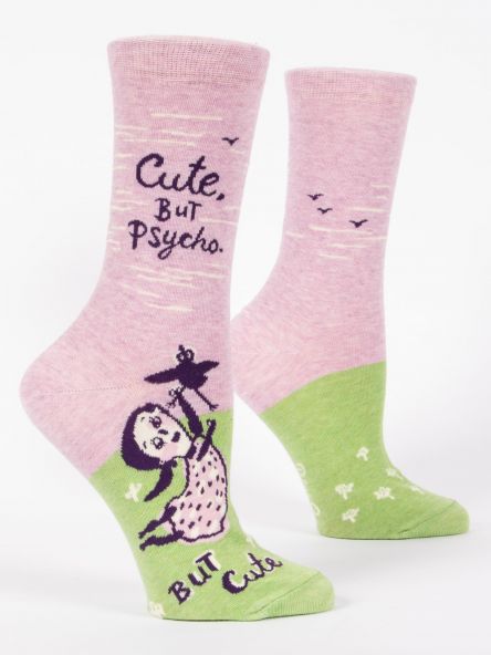 Woman's novelty fun crew sock with legend: "Cute. But Psycho"
