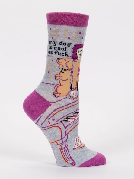 Woman's novelty fun crew sock with legend: "My Dog Is Cool As Fuck"