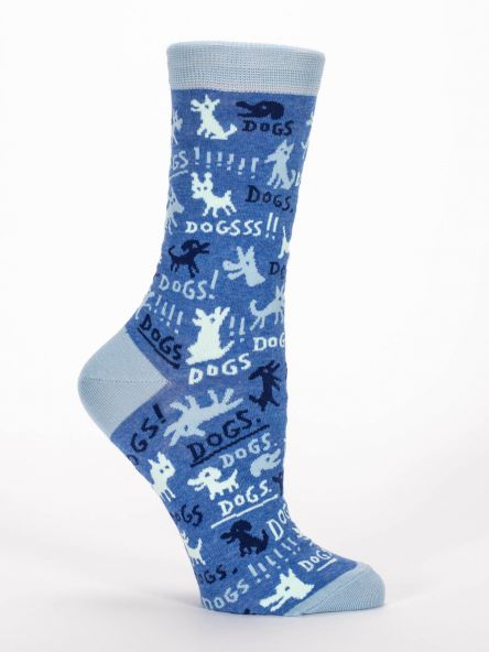 Woman's novelty fun crew sock with legend: "Dogs. Dogs. Dogs."