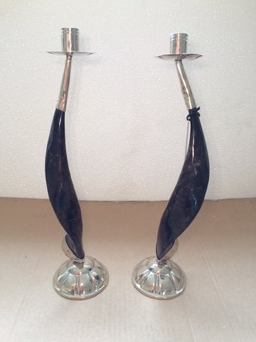 Large Horn and Silver Candlestick Holders (set of 2)