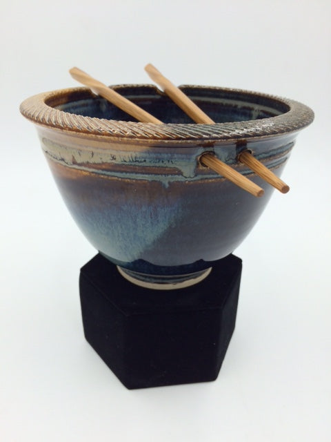 Jason Bove Light and Dark Blue Glazed Ceramic Rice Bowl with Chopstick Rests
