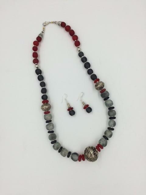 Judy Decker Scarlet & Grey Glass and Silver Bead Necklace and Earrings Set