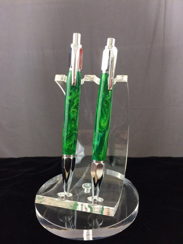 John Dowell Matched Hex Vertex Green Marbleized Acrylic Ball Point Pen & Pencil Set