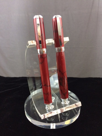 John Dowell Matched Red Marbleized Acrylic Roller Ball/Fountain Pen Set
