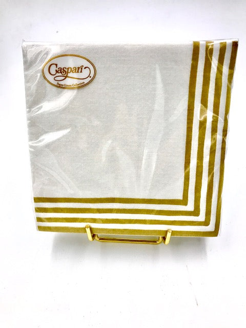 Caspari Gold/White Border Stripe Linen Paper Cocktail and Luncheon Napkins