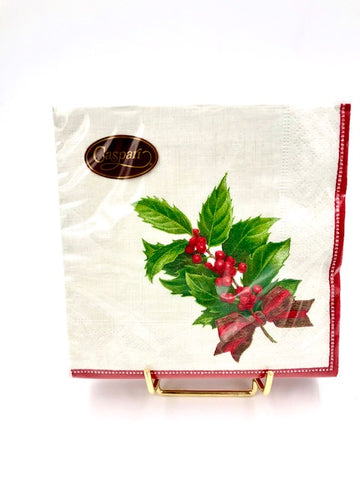 Caspari Holiday Holly Ivory Linen Cocktail Napkins