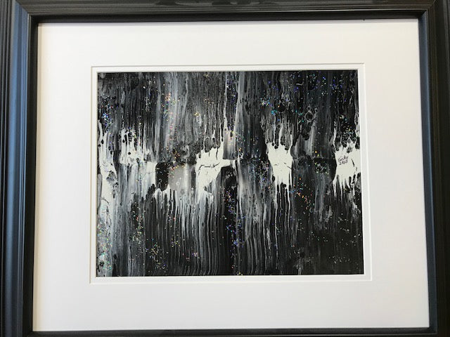Vicky Bauman: 20" x 24" Abstract Black & White Painting in Black Frame