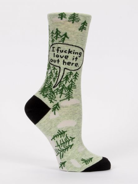 Woman's novelty fun crew sock with legend: "I Fucking Love It Out Here"