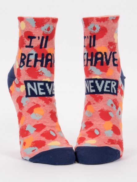Woman's novelty fun ankle sock with legend: "I'll Behave-NEVER"