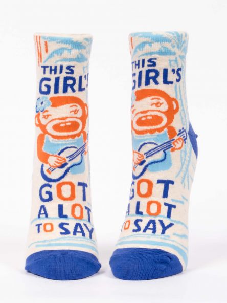 Woman's novelty fun ankle sock with legend: "This Girl's Got A Lot To Say"