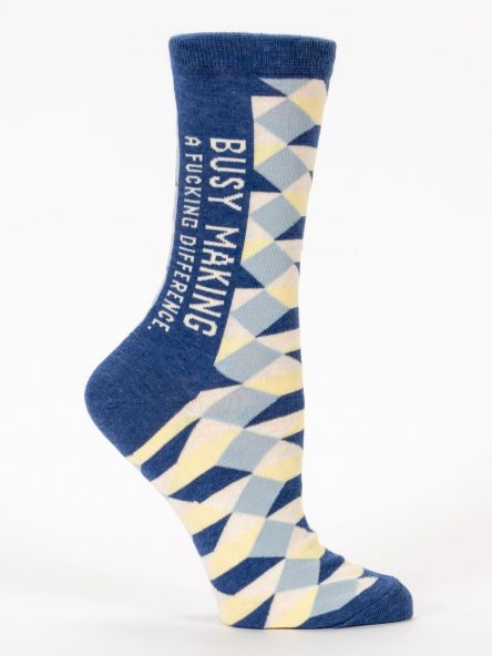 Woman's novelty fun crew sock with legend: "Busy Making A Fucking Difference"