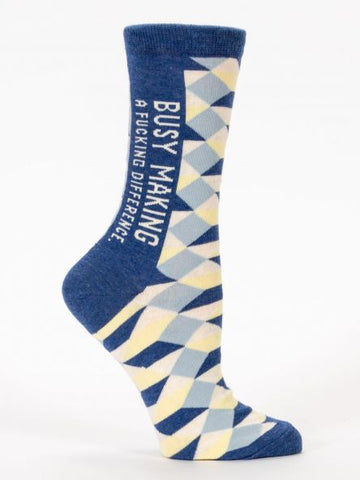 Woman's novelty fun crew sock with legend: "Busy Making A Fucking Difference"