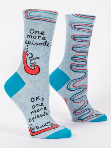 Woman's novelty fun crew sock with legend: "One More Episode"