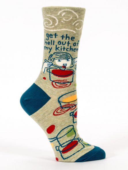 Woman's novelty fun crew sock with legend: "Get the Hell Out of My Kitchen"