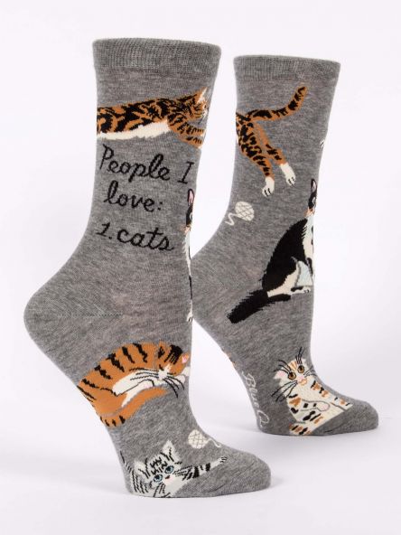 Woman's novelty fun crew sock with legend: "People I Love: 1. Cats"