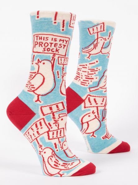 Woman's novelty fun crew sock with legend: "Protest Socks"