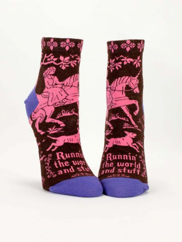 Woman's novelty fun ankle sock with legend: "Runnin' The World and Stuff"