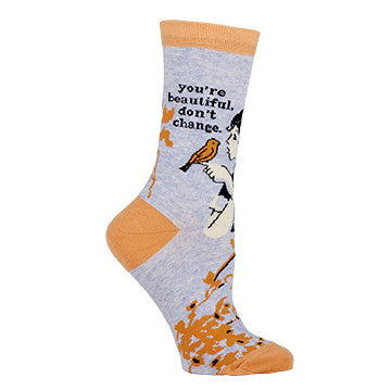 Woman's novelty fun crew sock with legend: "You're Beautiful, Don't Change"