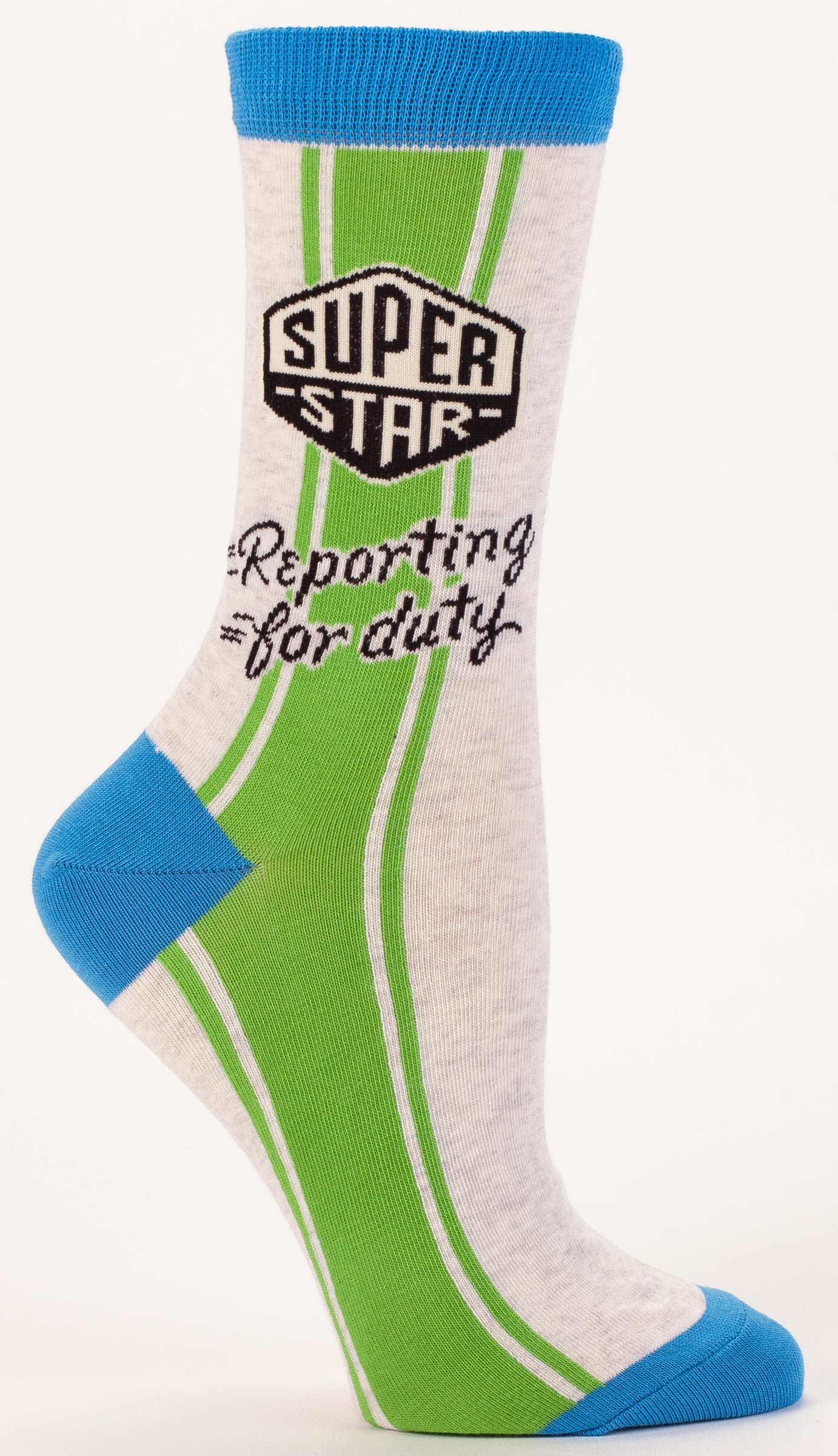 Woman's novelty fun crew sock with legend: "Superstar Reporting For Duty"