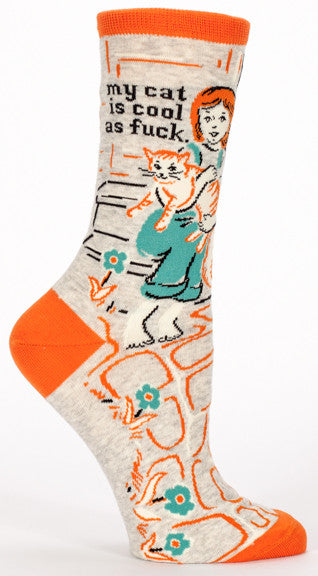 Woman's novelty fun crew sock with legend: "My Cat Is Cool As Fuck"