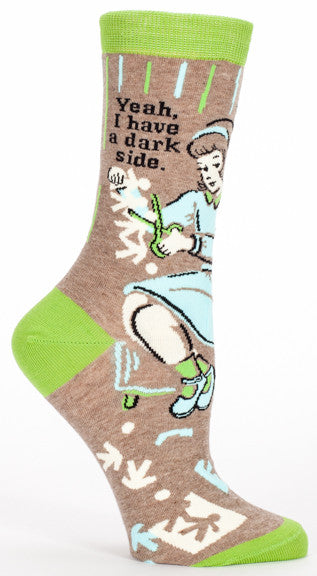 Woman's novelty fun crew sock with legend: "Yeah I Have A Dark Side"