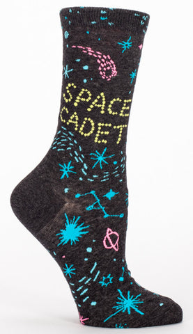 Woman's novelty fun crew sock with legend: "Space Cadet"