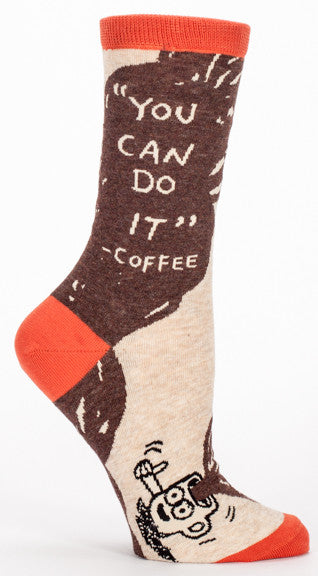 Woman's novelty fun crew sock with legend: "You Can Do It Coffee"
