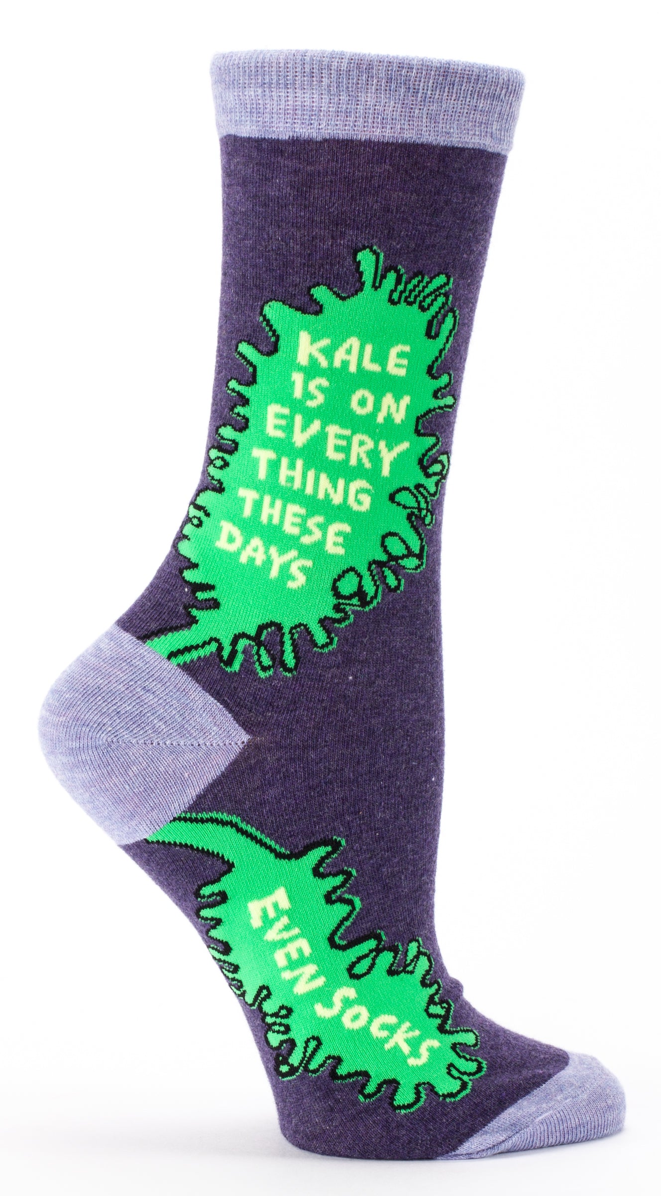 Woman's novelty fun crew sock with legend: "Kale Is On Everything...Even Socks"