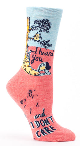 Woman's novelty fun crew sock with legend: "I Heard You, And I Don't Care"