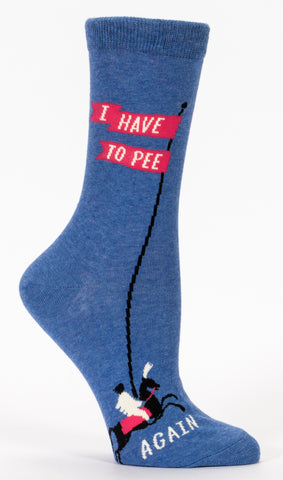 Woman's novelty fun crew sock with legend: "I Have To Pee...Again"