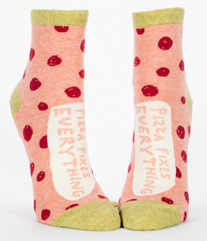 Woman's novelty fun ankle sock with legend: "Pizza Fixes Everything"