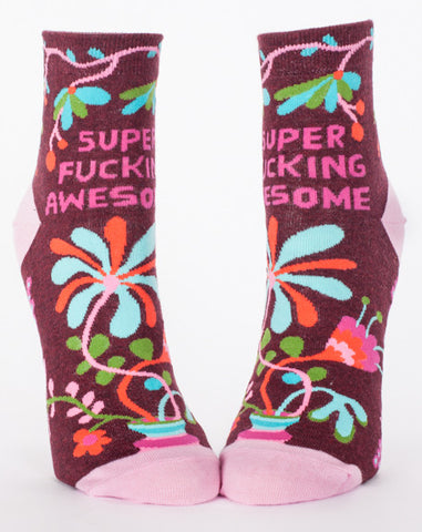 Woman's novelty fun ankle sock with legend: "Super Fucking Awesome"